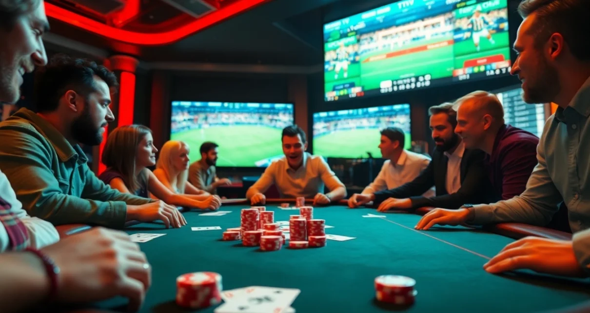 Players at a poker table with intense focus, enjoying the Cakhia TV live football broadcast in a vibrant casino atmosphere.