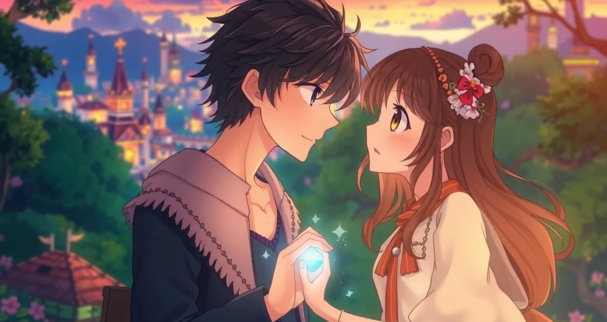 Anime sex scene showcasing romantic connection between fantasy characters in vibrant colors.